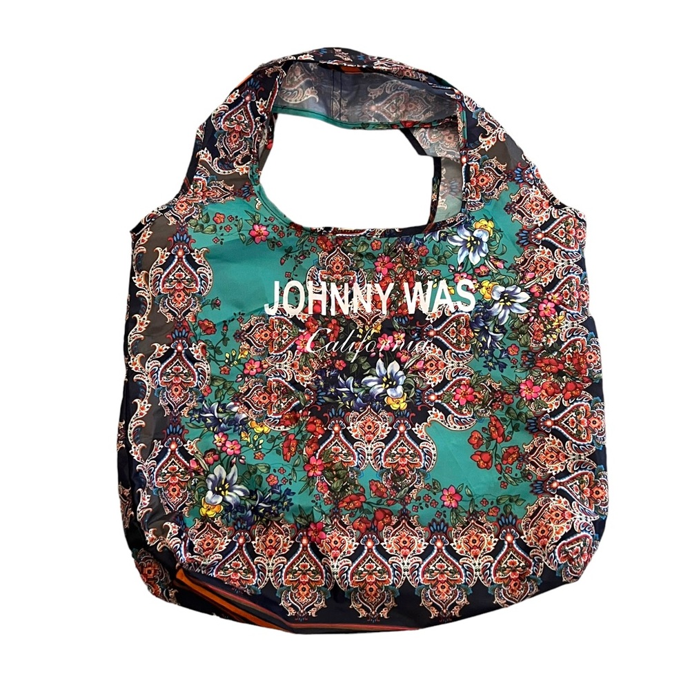 NEW Johnny Was Foldable Aqua Floral Shopper Tote Inside Pocket in Silky Nylon